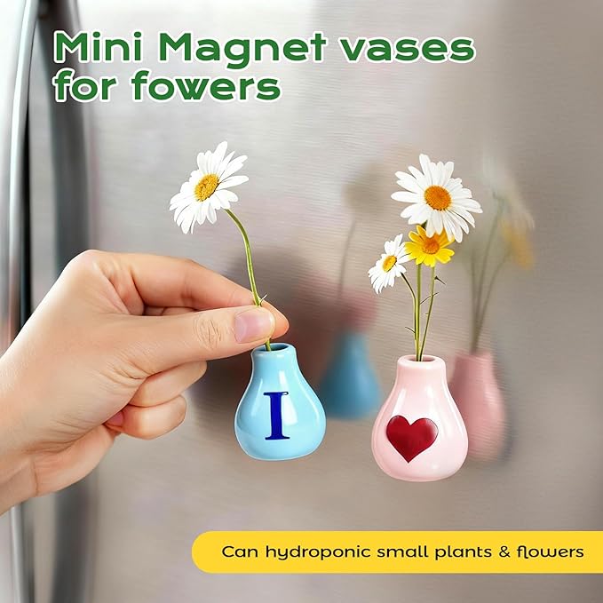 5 Pcs Mini Fridge Magnets, Cute Mini Ceramic Vase with Artificial Flowers, Tiny Pots Plant Vase for Kitchen Refrigerator Office Locker Decor, for Mom