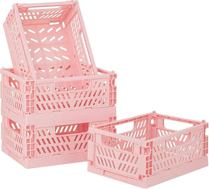 4-Pack Pink Baskets Plastic Storage Crate Small Baskets for Organizing Collapsible Storage Crates for Desk Organizers,Stackable Cute Storage Bins for Classroom,Office,Bathroom 5.9"x 3.9" x 2.3"