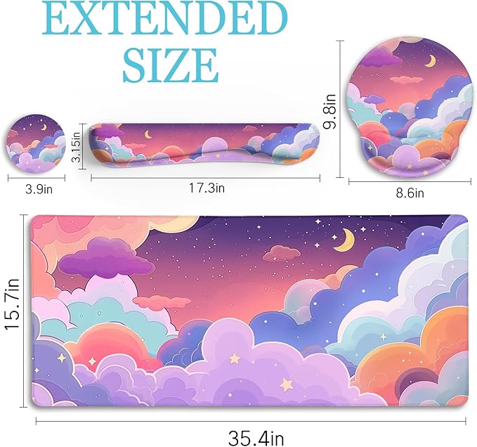 Purple Mouse Pad Large Desk Mat Set, Kawaii Clouds Ergonomic Mouse Pad with Wrist Rest Keyboard Wrist Support XXL Mousepad Cup Coaster Set, Cute Purple Office Desk Accessories Decor Supplies