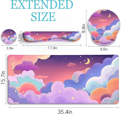 Purple Mouse Pad Large Desk Mat Set, Kawaii Clouds Ergonomic Mouse Pad with Wrist Rest Keyboard Wrist Support XXL Mousepad Cup Coaster Set, Cute Purple Office Desk Accessories Decor Supplies