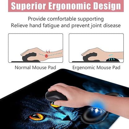 Large Keyboard Mouse Pad Set, Extended Mouse Pad+Keyboard Wrist Rest Support, Memory Foam Ergonomic Easy Typing, 4Pcs (31.5×11.8 in) Desk Pad Set for Office Home,Black Cat with Glowing Eyes