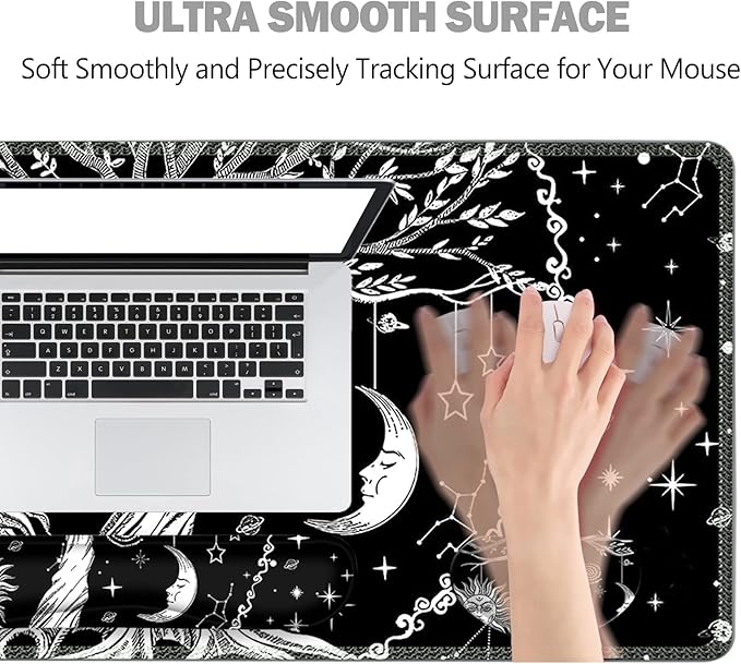 ToLuLu Extended Gaming Mouse Pad, Memory Foam Ergonomic Keyboard Mouse Wrist Rest Support Set, Large Desk Mat with Stitched Edges, Non-Slip Base Mousepad for Home Office Game and Study, Moon & Sun