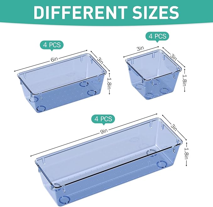 WOWBOX 6 Pack Clear Drawer Organizer Set, Acrylic Drawer Storage Trays, Storage Bins for Makeup, Cosmetics, Jewelries, Utensils, Gadgets, Office, Dark Blue