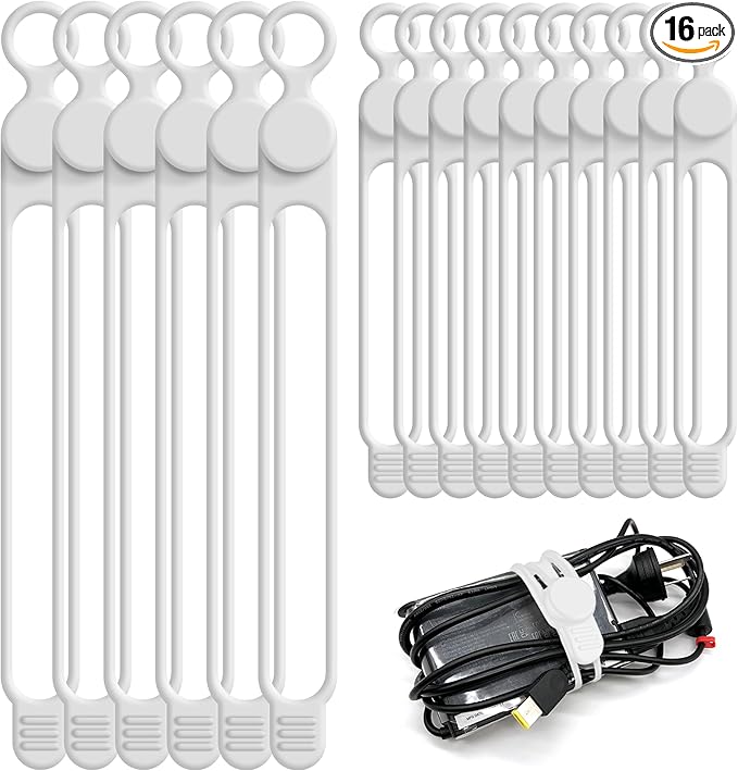 Nearockle Silicone Cable Ties Cord Organizer for Cable Management, 16PCS 4.2" and 7.1" Reusable Cable Organizer Electronic Accessories for Home, Office, Kitchen, School, Travel (White)