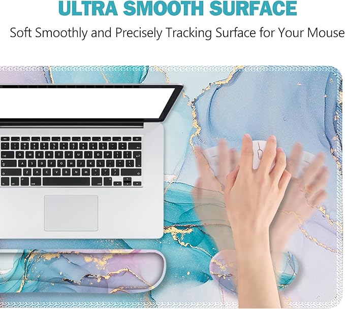 ToLuLu Extended Gaming Mouse Pad, Memory Foam Ergonomic Keyboard Mouse Wrist Rest Support Set, Large Desk Mat with Stitched Edges, Non-Slip Base Mousepad for Home Office Game, Blue Marble