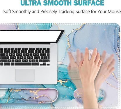 ToLuLu Extended Gaming Mouse Pad, Memory Foam Ergonomic Keyboard Mouse Wrist Rest Support Set, Large Desk Mat with Stitched Edges, Non-Slip Base Mousepad for Home Office Game, Blue Marble