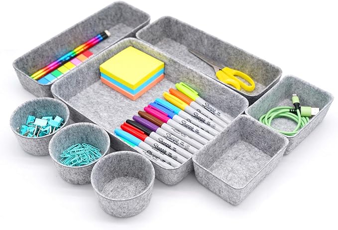 Welaxy 8-piece desk drawer organizer trays felt shallow bin for pens notes Jewlery Watches, home office dorm minimalist living gift solutions (Gray)