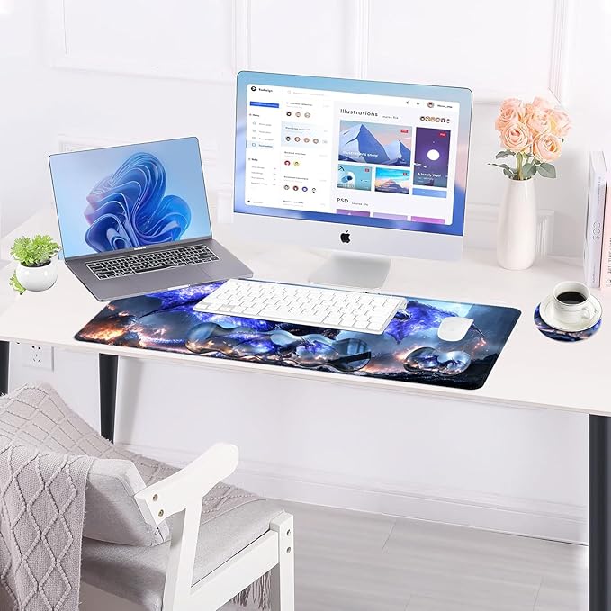 Large Keyboard Mouse Pad Set, Extended Mouse Pad+Keyboard Wrist Rest Support, Memory Foam Ergonomic Easy Typing, 4Pcs (31.5×11.8 in) Desk Pad Set for Office Home,Fantasy Dragon
