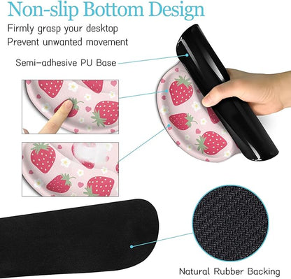 Strawberry Mouse Pad Desk Mat Set, Pink Ergonomic Mouse Pad with Wrist Rest, Large Gaming Mousepad Wrist Support Keyboard Mat Cup Coaster Set, Cute Office Desk Decor Accessories Supplies