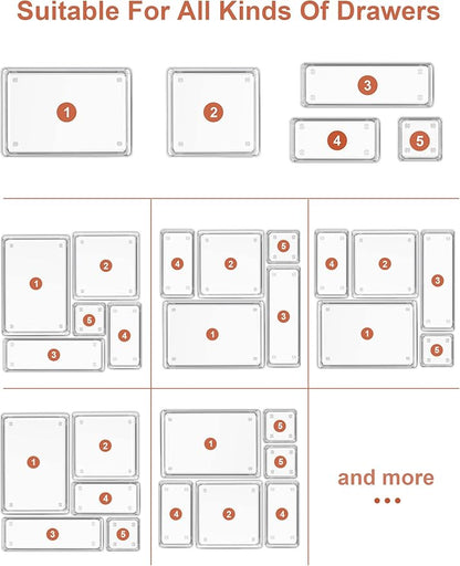 SMARTAKE 13-Piece Drawer Organizer with Non-Slip Silicone Pads, 5-Size Desk Drawer Organizer Trays Storage Tray for Makeup, Jewelries, Utensils in Bedroom Dresser, Office and Kitchen (Clear)
