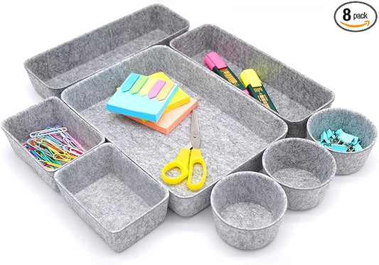 Welaxy 8-piece desk drawer organizer trays felt shallow bin for pens notes Jewlery Watches, home office dorm minimalist living gift solutions (Gray)