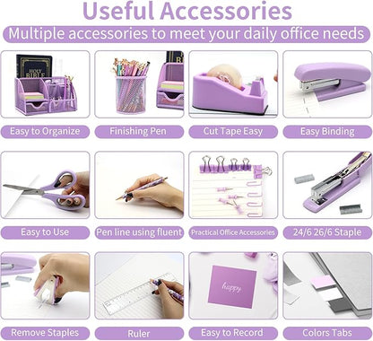 Purple Desk Organizers and Accessories,12pcs Office Desk Accessories Supplies,With Pen Holder, Tape Holder, Stapler, Scissors, Ruler, Staple Remover for Home & School, Office Supplies Gift for Women