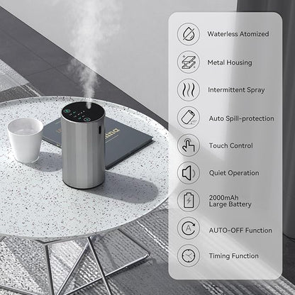 Waterless Essential Oil Diffuser Aromatherapy Scent Diffusers for Home Large Room, Bedroom, Car, Office, Desk, Battery Operated Mini Portable Air Freshener (Silvery)