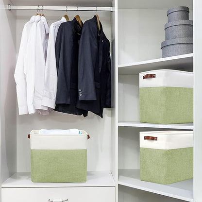 Large Fabric Storage Baskets | 50L Storage Bins, Decorative Linen Closet Baskets with Handles for Organizing, Shelf, Toys, Clothes, Home, Office, Nursery, 17x12x15Inches (Green&White)