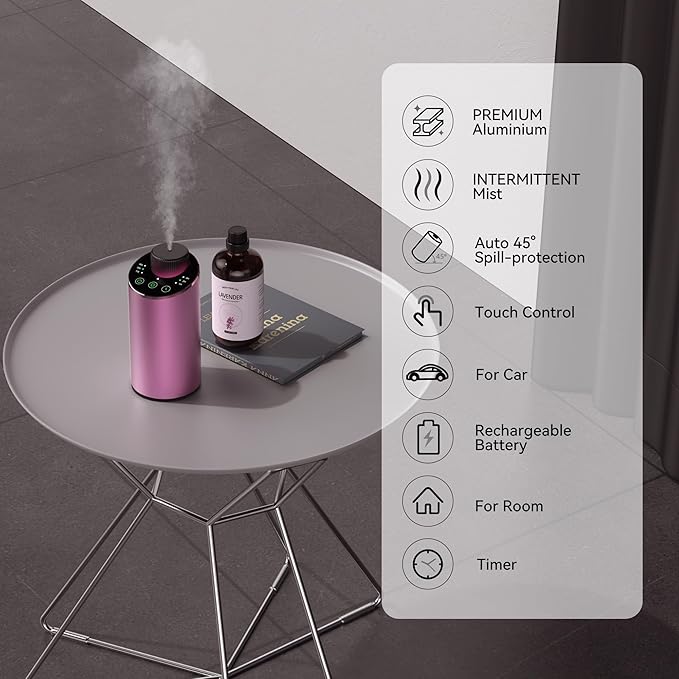 Waterless Essential Oil Diffuser Scent Aromatherapy Diffusers for Home Large Room, Car, Office, Portable Battery Operated Cordless Air Freshener, 4 Timers & 3 Mist Levels, 100ml Capacity (Pink)