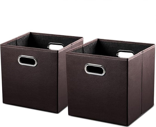 PRANDOM Leather Foldable Cube Storage Bins 13x13 inch [2-Pack] Fabric Storage Baskets Cubes Drawer with Cotton Handles Organizer for Shelves Nursery Closet Bedroom Clothes Brown