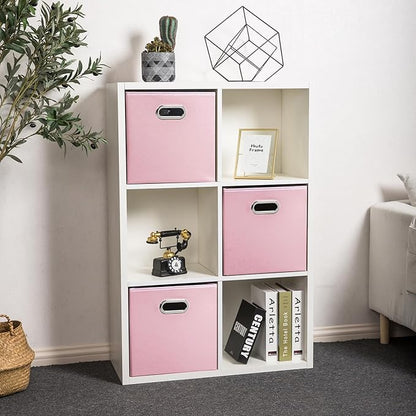 PRANDOM Leather Foldable Cube Storage Bins 11x11 inch [4-Pack] Fabric Storage Baskets Cubes Drawer with Cotton Handles Organizer for Shelves Nursery Closet Bedroom Clothes Pink