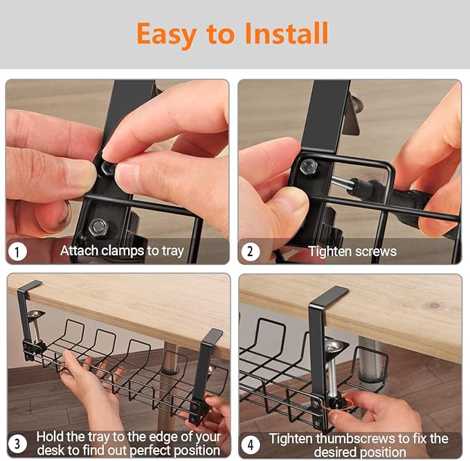 Under Desk Cable Management Tray Organizer for Cord Wire Desk Table Rack No Drill Installation for Home Office Workstation PC Computer Desktop Laptop