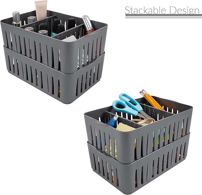 Simplify 3 Compartment Stackable Bin with Adjustable Dividers | Drawer Organizer | Storage Basket | Good for Office | Desk Supplies | Dorm | Bathroom | Accessories | Make Up | Grey