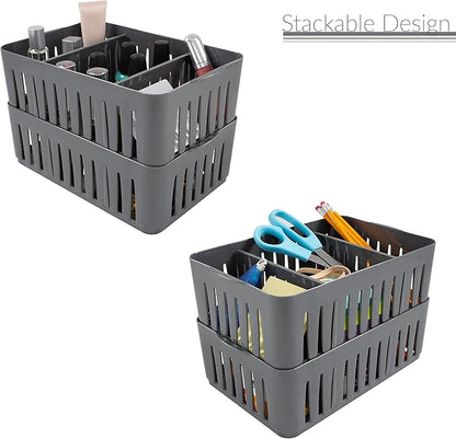 Simplify 3 Compartment Stackable Bin with Adjustable Dividers | Drawer Organizer | Storage Basket | Good for Office | Desk Supplies | Dorm | Bathroom | Accessories | Make Up | Grey