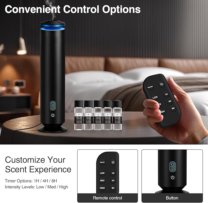 Waterless Scent Diffuser Starter Kit - 1500 Sq Ft Coverage, Scent Diffuser for Home, Hotel, Studio, Essential Oil Diffuser Large Room, 7 Mood Lights Setting, 5 Essential Oils Included, Black, 11.50In