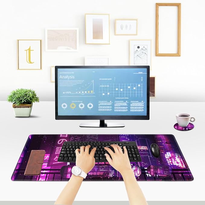 ToLuLu Extended Gaming Mouse Pad, Memory Foam Ergonomic Keyboard Mouse Wrist Rest Support Set, Large Desk Mat with Stitched Edges, Non-Slip Base Mousepad for Home Office, Neno City Anime Japanese