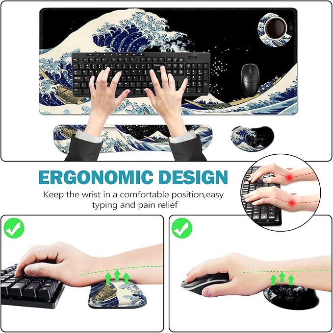 ToLuLu Extended Gaming Mouse Pad, Memory Foam Ergonomic Keyboard Mouse Wrist Rest Support Set, Large Desk Mat with Stitched Edges, Non-Slip Base Mousepad for Home Office Game Study, Wave of Kanagawa