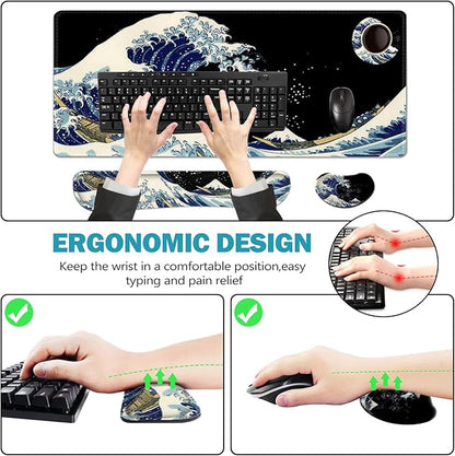 ToLuLu Extended Gaming Mouse Pad, Memory Foam Ergonomic Keyboard Mouse Wrist Rest Support Set, Large Desk Mat with Stitched Edges, Non-Slip Base Mousepad for Home Office Game Study, Wave of Kanagawa