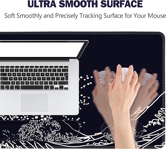 ToLuLu Extended Gaming Mouse Pad, Memory Foam Ergonomic Keyboard Mouse Wrist Rest Support Set, Large Desk Mat with Stitched Edges, Non-Slip Base Mousepad for Home Office Game, Black Wave of Kanagawa