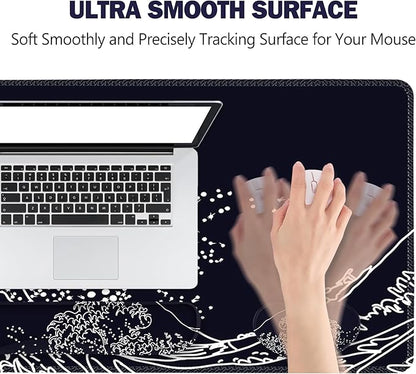 ToLuLu Extended Gaming Mouse Pad, Memory Foam Ergonomic Keyboard Mouse Wrist Rest Support Set, Large Desk Mat with Stitched Edges, Non-Slip Base Mousepad for Home Office Game, Black Wave of Kanagawa