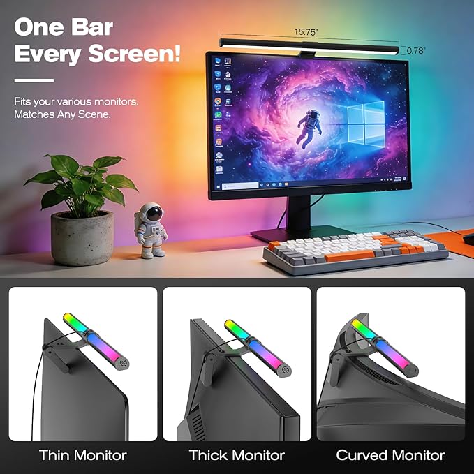 RGB Monitor Light Bar, Eye-Care Dual Light Reading Screen Lamp, 9 Modes Gaming Backlight LED Computer Lamp, 3 Colors Dimmable Frontlight, 15.75'' USB Desk Lights for Home, Office