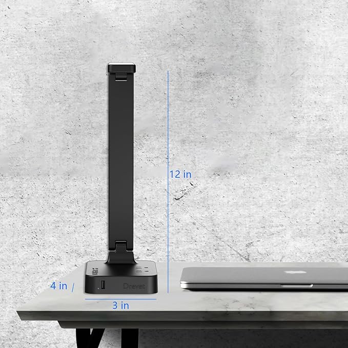 Drevet LED Desk Lamp for College Dorm Room, Desk Light with 1 USB Charging Port 2 AC Power Outlet, 3 Lighting Modes, 3 Level Brightness Touch Lamp, Eye-Caring Home Office Foldable Table Lamp