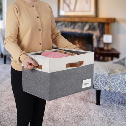 Large Storage Bins with Lids, Foldable Fabric Storage Baskets with Lids, Sturdy Storage Boxes with Labels and 3 PU Handles for Closet Home Bedroom Office (26L, 3 Packs, Grey&White)