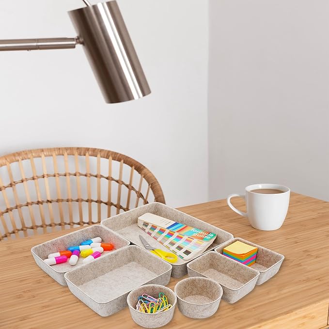 Welaxy Felt Desk Drawer Organizer Trays, 7-Piece Storage Bins for Office, Catchall, Scandinavian Minimalist Decor (Oatmeal)