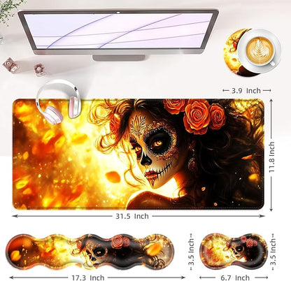 Large Keyboard Mouse Pad Set, Extended Mouse Pad+Keyboard Wrist Rest Support, Memory Foam Ergonomic Easy Typing, 4Pcs (31.5×11.8 in) Desk Pad Set for Office Home,Skull Woman with Rose