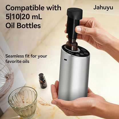 Waterless Essential Oil Diffuser Scent Aromatherapy Diffusers for Home Large Room, Car, Office, Portable Battery Operated Cordless Air Freshener, 4 Timers & 3 Mist Levels, 100ml Capacity (Silver)