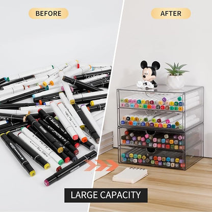Clear Desk Organizers and Accessories, Plastic Drawer Organizer for Home Office Supplies, Marker Pen, Notebooks, Art Crafts, Stackable Makeup Storage Box for Bathroom Vanity (4 Drawers)