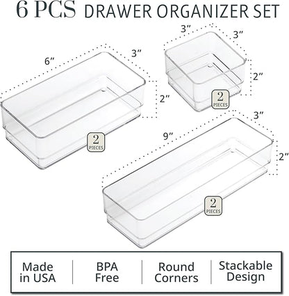 STORi SimpleSort Drawer Organizer Bins 6 pc Set, Multi-size, Bathroom Organizers and Storage, Makeup Organizer, Desk Organizer, Vanity Organizer, Clear Organizing Containers, Made in USA