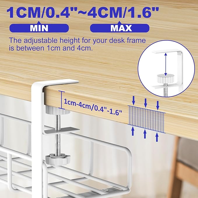 Under Desk Cable Management Tray, 31.5'' No Drill Steel Cable Tray Organizers, Wire Management Tray Cable Rack with Clamp Mount, Metal Under Desk Tray with Wire and Cord Organizer (White, 2 Pack)
