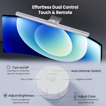 Quntis Monitor Light Bar Pro White, Eye-Care No Glare USB Computer Lamp, Stepless Dimming & Auto-Dimming Brightness, Dual Control, Modern Aesthetic Space Saving Desk Accessories Office Gaming Reading