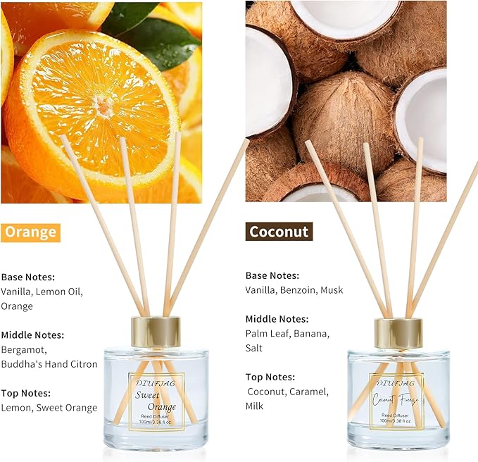 200ml Scent Diffuser with 6 Fiber Sticks, 6.76 oz Reed Diffuser Set Aromatherapy Fragrance Diffusers Air Fresheners for Home Bedroom Bathroom (Coconut Orange)