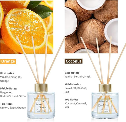 200ml Scent Diffuser with 6 Fiber Sticks, 6.76 oz Reed Diffuser Set Aromatherapy Fragrance Diffusers Air Fresheners for Home Bedroom Bathroom (Coconut Orange)