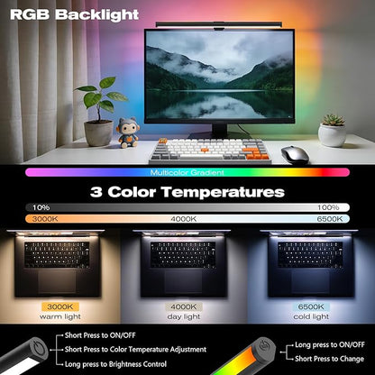 RGB Monitor Light Bar, Eye-Care Dual Light Reading Screen Lamp, 9 Modes Gaming Backlight LED Computer Lamp, 3 Colors Dimmable Frontlight, 15.75'' USB Desk Lights for Home, Office