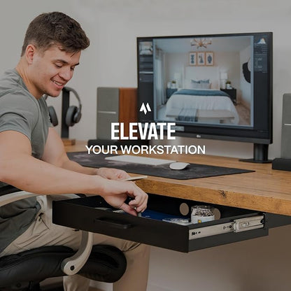 Under Desk Drawer Slide Out Attachment - Carbon Steel Undermount Table Drawer with Cable Management, Pull Out Add-On Storage for Office & Standing Desks (13" x 8" x 2.8")