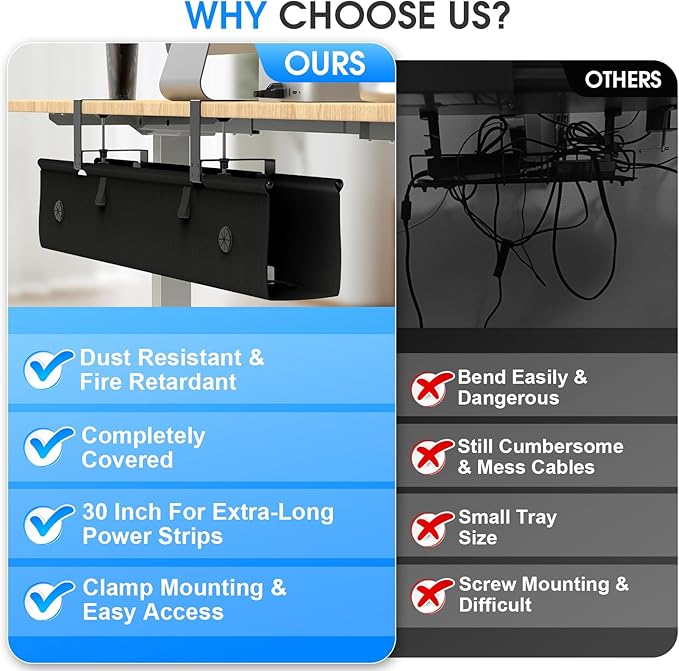 Under Desk Cable Management Tray, 40-inch No-Drill Cord Organizer with Anti-Sag Reinforced Base, Fabric Wire Management Hider for Standing Desk, Office & Gaming Accessories - Black