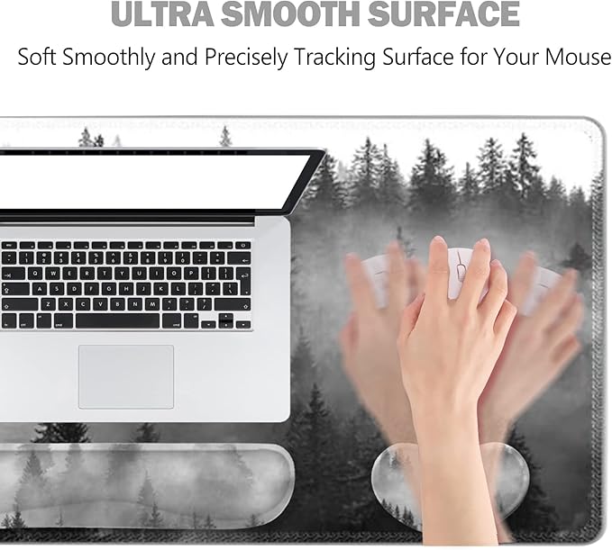 ToLuLu Extended Gaming Mouse Pad, Memory Foam Ergonomic Keyboard Mouse Wrist Rest Support Set, Large Desk Mat with Stitched Edges, Non-Slip Base Mousepad for Home Office Game Study, Tree Forests