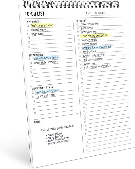 To Do List Notepad 8.5x11" - Has Multiple Functional Sections - Large Size, 52 Sheets - Spiral Daily Planner Notebook - Task Checklist Organizer Agenda Pad for Work, Note and Todo Organization