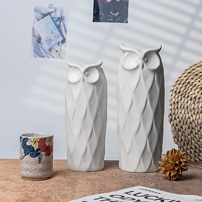 Owl Ceramic Vase Set of 2 for Living Room Bedroom 9.45'' and 8.27'' Modern White Fake Flower Plant Vases for Home Decor Office Table Shelf Fireplace Retro Rustic Farmhouse Vintage Classic Gift