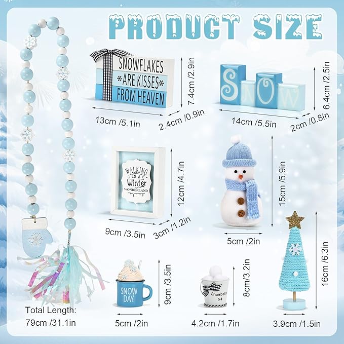 Winter Decoration for Home 8 PCS Tiered Tray Decor Set, Cute Christmas Blue Winter Wonderland Decor for Home Tray Shelf Fireplace Mantel Office Desk Indoor Snowman New Year Holiday Decorations Set