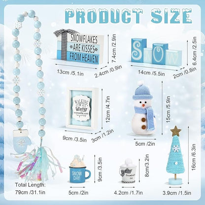 Winter Decoration for Home 8 PCS Tiered Tray Decor Set, Cute Christmas Blue Winter Wonderland Decor for Home Tray Shelf Fireplace Mantel Office Desk Indoor Snowman New Year Holiday Decorations Set
